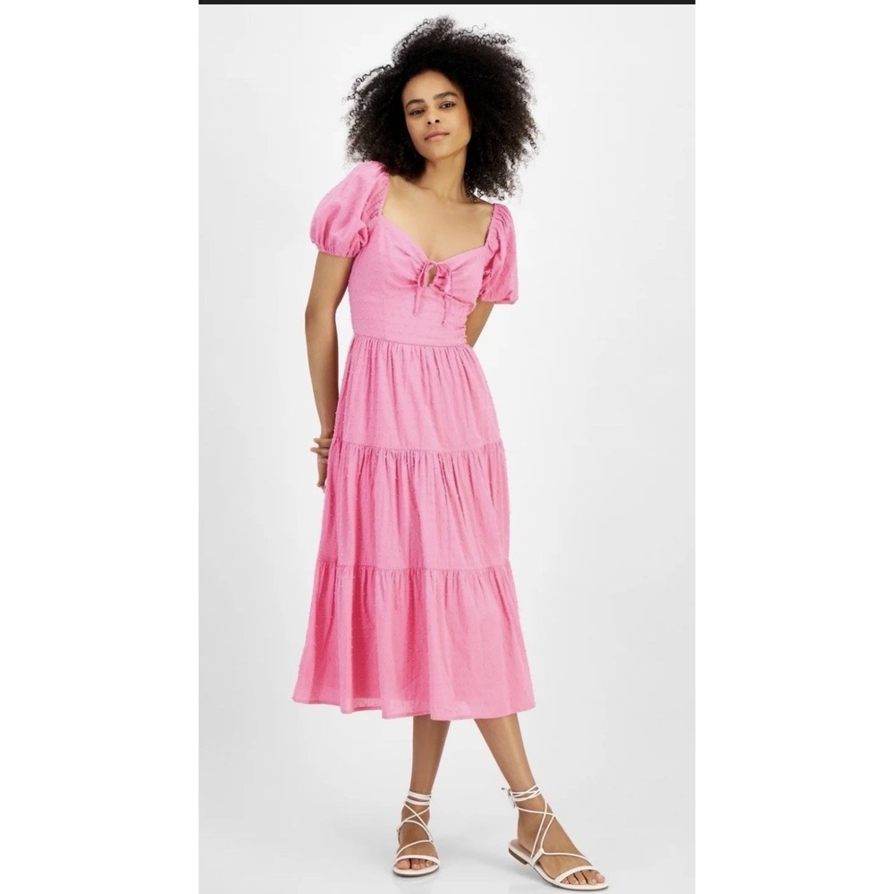 Kingston Grey Dress Womens Sm Pink Smocked Tiered‎ Midi Milkmaid Babydoll Cotton